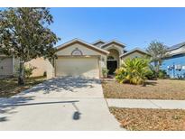 Inviting one-story home featuring a manicured lawn, mature tree, and a convenient two-car garage at 1333 Dragon Head Dr, Valrico, FL 33594