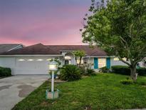 Charming single-story home with a well-manicured lawn, lush landscaping, and a two-car garage at 1424 Ridge Shore Dr, Tarpon Springs, FL 34689