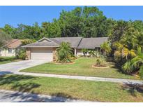 Well maintained single Gathering home with tropical landscaping and stone accents on the garage and support columns at 15014 Winterwind Dr, Tampa, FL 33624
