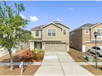 Traditional two-story home with neutral color palette, landscaping, and attached two-car garage at 12028 Citrus Leaf Dr, Gibsonton, FL 33534