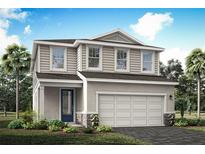 Charming two-story home featuring a two-car garage, landscaped yard, and a welcoming front entrance at 31350 Pendleton Landing Cir, Wesley Chapel, FL 33545