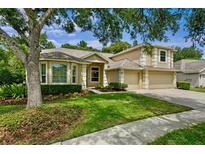 Charming two-story home with a well-manicured lawn, mature trees, and a convenient three-car garage at 19207 Autumn Woods Ave, Tampa, FL 33647