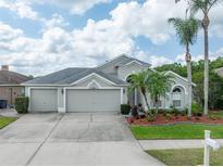 Charming single-Gathering home boasting a three-car garage, well-manicured lawn, and vibrant tropical landscaping at 29542 Forest Glen Dr, Wesley Chapel, FL 33543