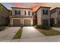 Charming two-story townhome showcasing a two-car garage, neutral color scheme, and beautifully manicured landscaping at 31970 Blue Passing Loop, Wesley Chapel, FL 33545