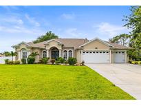 Beautiful single-story home featuring a well-manicured lawn, tropical landscaping, and a three-car garage at 4615 Cozzo Dr, Land O Lakes, FL 34639