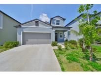 Charming light blue two-story home with a two-car garage and well-maintained landscaping at 9914 Calypso Orchid Ct, Riverview, FL 33578