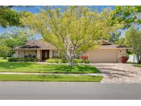 Charming single-story home featuring a well-manicured lawn and mature landscaping, creating an inviting curb appeal at 2550 Rolling View Dr, Dunedin, FL 34698