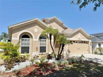 Charming single-story home with a well-manicured lawn and tropical landscaping with beautiful arched windows at 408 Delwood Breck St, Ruskin, FL 33570