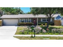 Charming single-story home with a well-manicured lawn, bright red front door, and attached garage at 8497 137Th St, Seminole, FL 33776