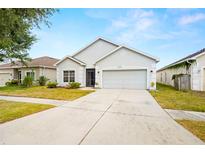 Charming single-story home with a well-maintained lawn and a two-car garage at 12008 Fern Blossom Dr, Gibsonton, FL 33534