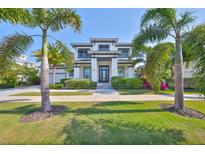 Stunning two-story home with lush lawn, elegant landscaping, and a stately entrance framed by swaying palm trees at 715 Pinckney Dr, Apollo Beach, FL 33572