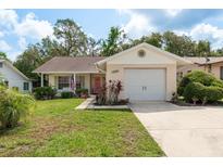 Charming home featuring a well-manicured lawn, a single-car garage, and a quaint front yard with beautiful landscaping at 10516 Mira Vista Dr, Port Richey, FL 34668