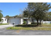 Charming single-story home with attached garage, well-maintained lawn, and mature trees providing shade at 11312 Brussels Boy Ln, Riverview, FL 33578