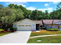 Charming single-story home featuring a two-car garage, well-manicured lawn, and beautiful mature trees at 3529 Tanglewood Trl, Palm Harbor, FL 34685