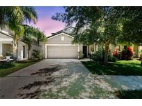 Two-story home featuring a neutral gray exterior, two-car garage, well-manicured lawn and mature landscaping at 10148 Rose Petal Pl, Riverview, FL 33578