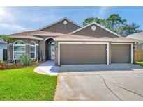 Charming single-story home featuring a well-manicured lawn, three-car garage, and beautiful landscaping at 1747 Wood Brook St, Tarpon Springs, FL 34689