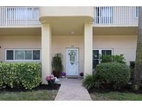 Charming condo featuring a covered front entryway with decorative plants and well-maintained landscaping at 2021 Shangrila Dr # 14, Clearwater, FL 33763