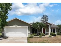 Charming single-story home featuring a two-car garage, mature landscaping, and a red front door at 37437 Laurel Hammock Dr, Zephyrhills, FL 33541