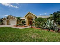Beautiful home with well-manicured lawn and lush tropical landscaping at 4452 Bardsdale Dr, Palm Harbor, FL 34685