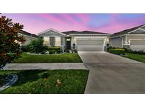 Charming single-story home featuring meticulous landscaping, gray exterior, and a two-car garage at 13357 Waterleaf Garden Cir, Riverview, FL 33579