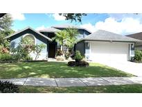Charming blue home with manicured lawn, mature trees, and attached two-car garage at 16505 Lake Heather Dr, Tampa, FL 33618