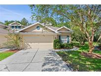 Charming single-Gathering home featuring a two-car garage, manicured landscaping and neutral exterior paint at 20221 Vintage Oaks Pl, Tampa, FL 33647