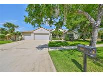 Charming single-story home with a manicured lawn, mature trees, and a three-car garage on a sunny day at 6107 Heroncrest Ct, Lithia, FL 33547