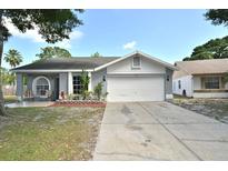 Charming single-story home with a well-manicured lawn, a two-car garage, and a welcoming front porch area at 11314 Silverleaf Ct, Riverview, FL 33579