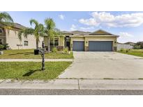 Charming single-story home featuring a spacious driveway and well-maintained front yard with palm trees at 18677 Milton Keynes Ct, Land O Lakes, FL 34638