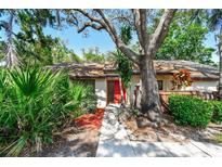 Charming single-story home featuring mature landscaping and a vibrant red front door at 2953 Yucca Ct, Palm Harbor, FL 34684