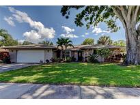 Charming single-story home boasts a lush lawn, mature trees, and a two-car garage at 1041 Persimmon Dr, Palm Harbor, FL 34683