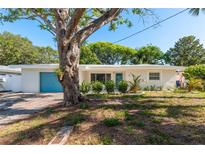 Charming single-story home with a light blue door and one-car garage door complemented by mature trees and landscaping at 1152 Jackmar Rd, Dunedin, FL 34698