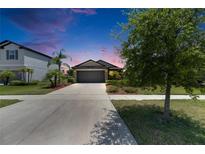 Charming single-Gathering home with a well-manicured lawn, mature landscaping and a paved driveway at 11707 Sunburst Marble Rd, Riverview, FL 33579