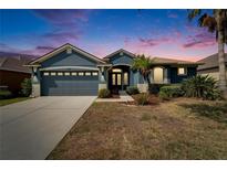 Charming single-story home with a well-maintained lawn, palm trees, and two-car garage at 16516 Bridgewalk Dr, Lithia, FL 33547