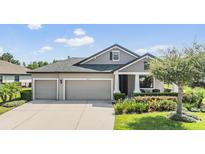 Charming single-story home featuring a three-car garage, manicured landscaping, and classic architectural details at 19837 Lonesome Pine Dr, Land O Lakes, FL 34638