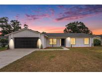 Charming single-story home with a modern white exterior and a well-manicured lawn under a colorful sunset at 3707 Orangepointe Rd, Valrico, FL 33596