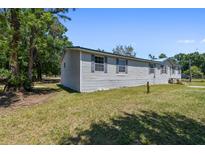 Well-maintained home with a light gray exterior, complemented by lush trees and a green lawn at 12502 Tocci Ln, Riverview, FL 33579