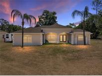 Elegant single-story home featuring double-door entry, arched windows, and lush palm trees at 38824 Raiser Rd, Dade City, FL 33525