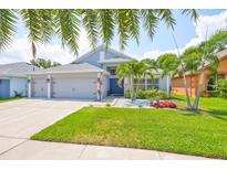 Charming home featuring well-manicured lawn, lush tropical landscaping and a three car garage at 7657 Nottinghill Sky Dr, Apollo Beach, FL 33572