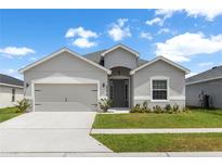 Charming single-story home with a gray exterior, a two-car garage, and a well-manicured lawn at 35519 Bellington Blvd, Zephyrhills, FL 33541