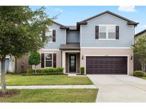 Charming two-story home featuring a two-car garage, manicured lawn, and attractive landscaping at 5014 Fallen Leaf Dr, Riverview, FL 33578