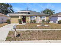 Charming single-story home featuring a well-maintained lawn and a cozy, inviting entrance at 13308 Prestwick Dr, Riverview, FL 33579