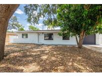 Charming single-story home with white textured exterior and a well-maintained lawn with mature trees at 202 Cranberry Ln, Brandon, FL 33510
