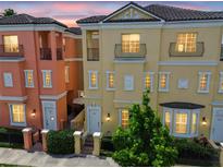 Charming townhomes showcasing colorful facades and a tile roof against a beautiful sunset sky at 2305 Victoria Gardens Ln, Tampa, FL 33609