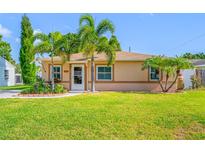 Charming single-story home with a lush green lawn, tropical landscaping, and a welcoming walkway to the front door at 4721 W Lawn Ave, Tampa, FL 33611