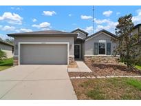 Charming single-story home with a well-maintained lawn, stone accents, and attached two-car garage at 12256 Creek Preserve Dr, Riverview, FL 33579
