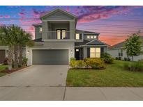 Charming two-story home with a balcony, a well-manicured lawn, and vibrant landscaping at 2693 Leafwing Ct, Palm Harbor, FL 34683