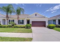 Charming single-story home featuring a well-manicured lawn, neat shrubbery and an attached two car garage at 5732 Stockport St, Riverview, FL 33578