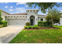 Charming single-story home featuring a well-manicured lawn and an inviting front entrance at 8228 Sunlit Horizon Ln, Land O Lakes, FL 34637