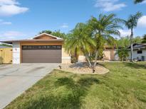 Charming single-story home showcasing lush landscaping, a well-manicured lawn, and a two-car garage at 4519 Swallowtail Dr, New Port Richey, FL 34653